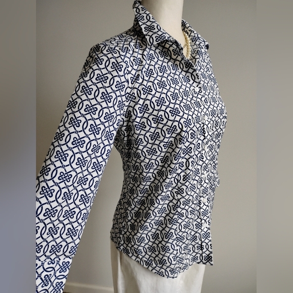 Talbots Petite Non Iron Cotton Stretch Popover Top Navy White Coastal Size 8P - Picture 6 of 16